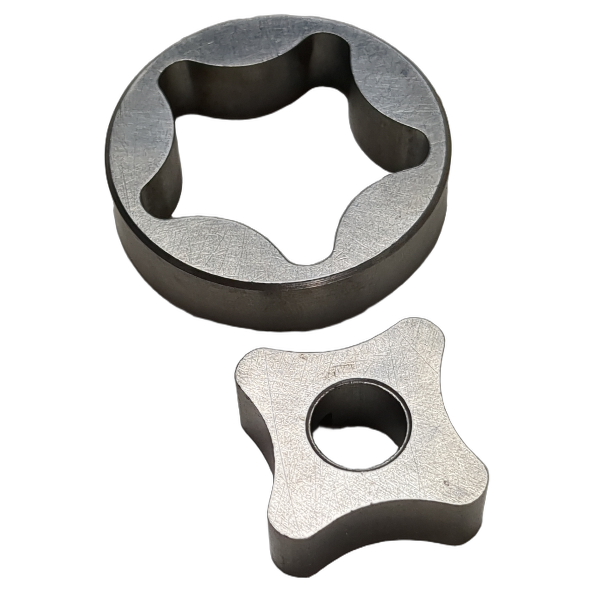 Metal oil pump rotor set with round outer and star-shaped inner rotors in silver-gray finish.