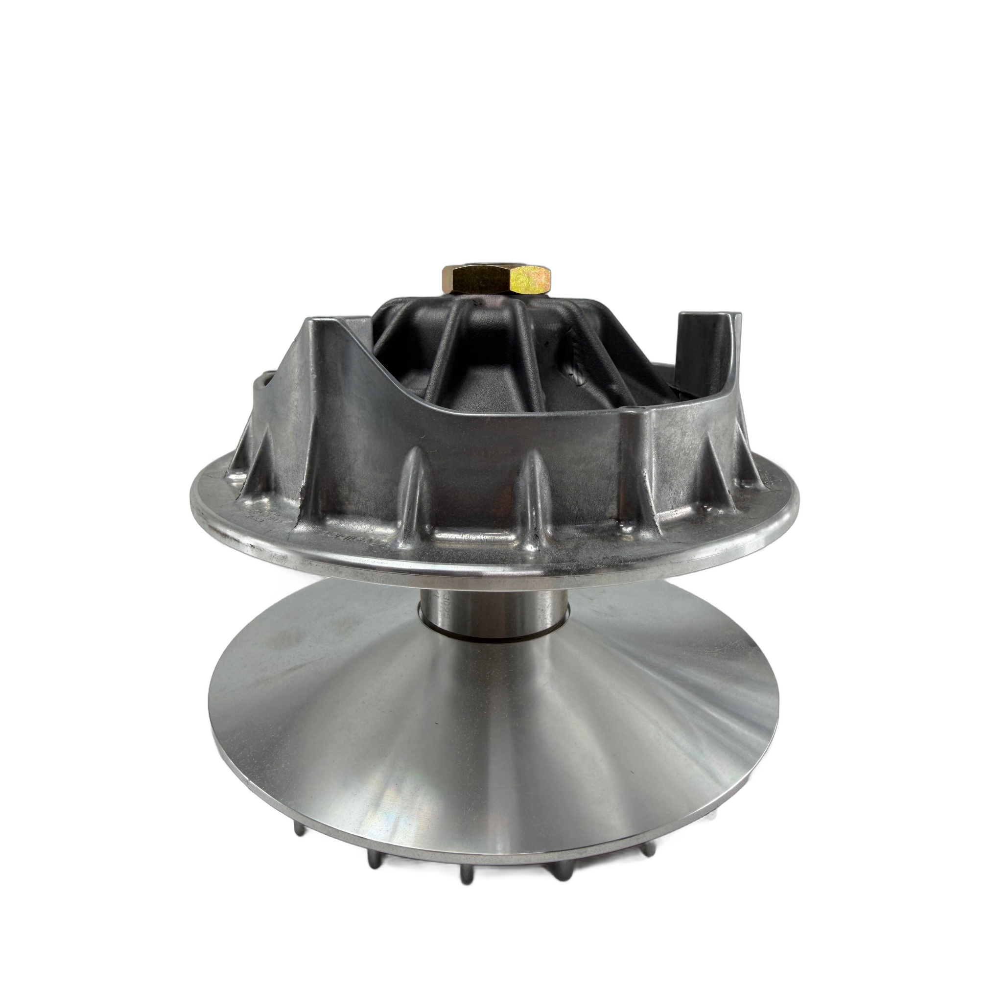 Metal drive pulley assembly with black upper housing and silver conical lower section, designed for UTV.