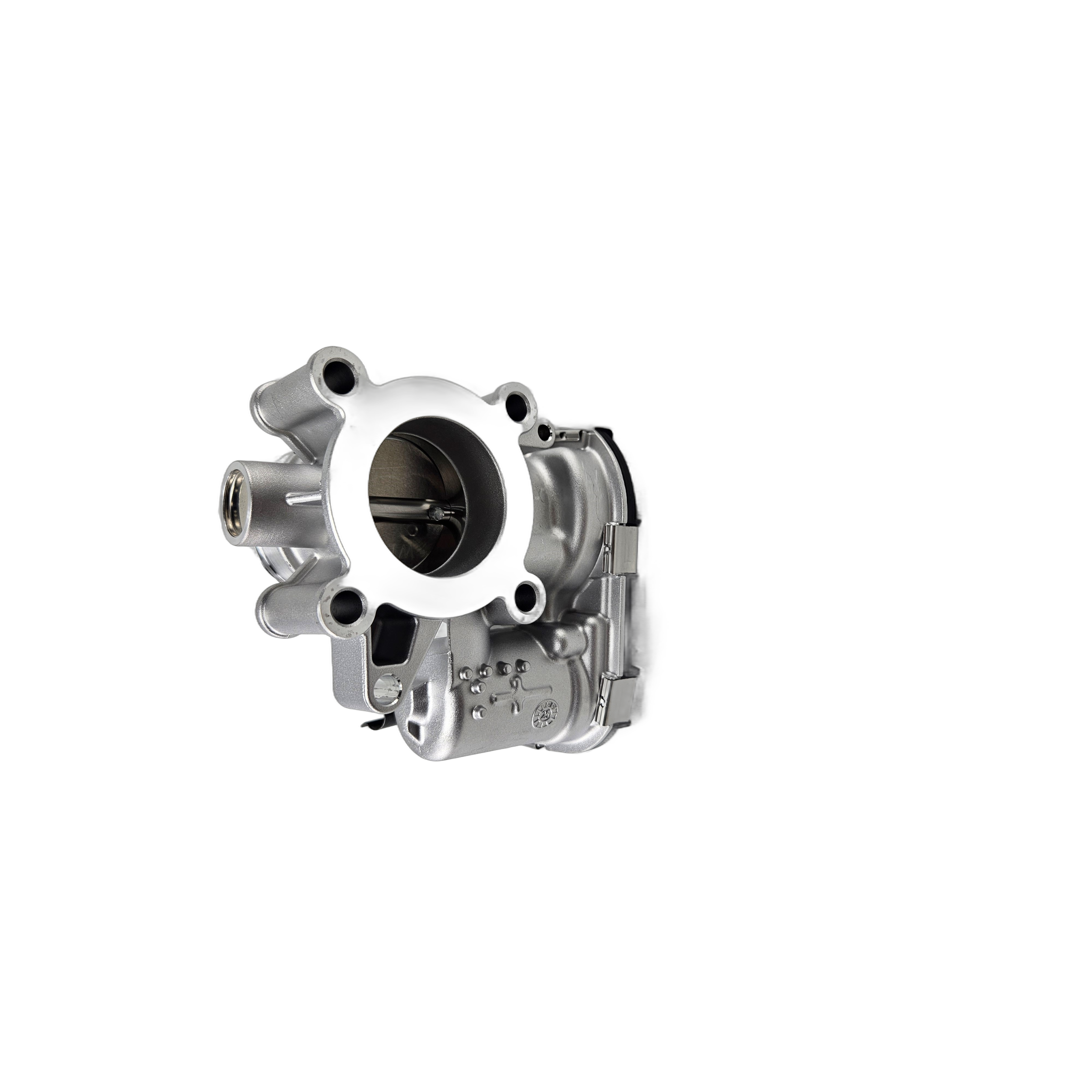 Silver metal electrical throttle body assembly with circular opening and integrated fuel injection components.