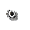 Silver metal electrical throttle body assembly with circular opening and integrated fuel injection components.