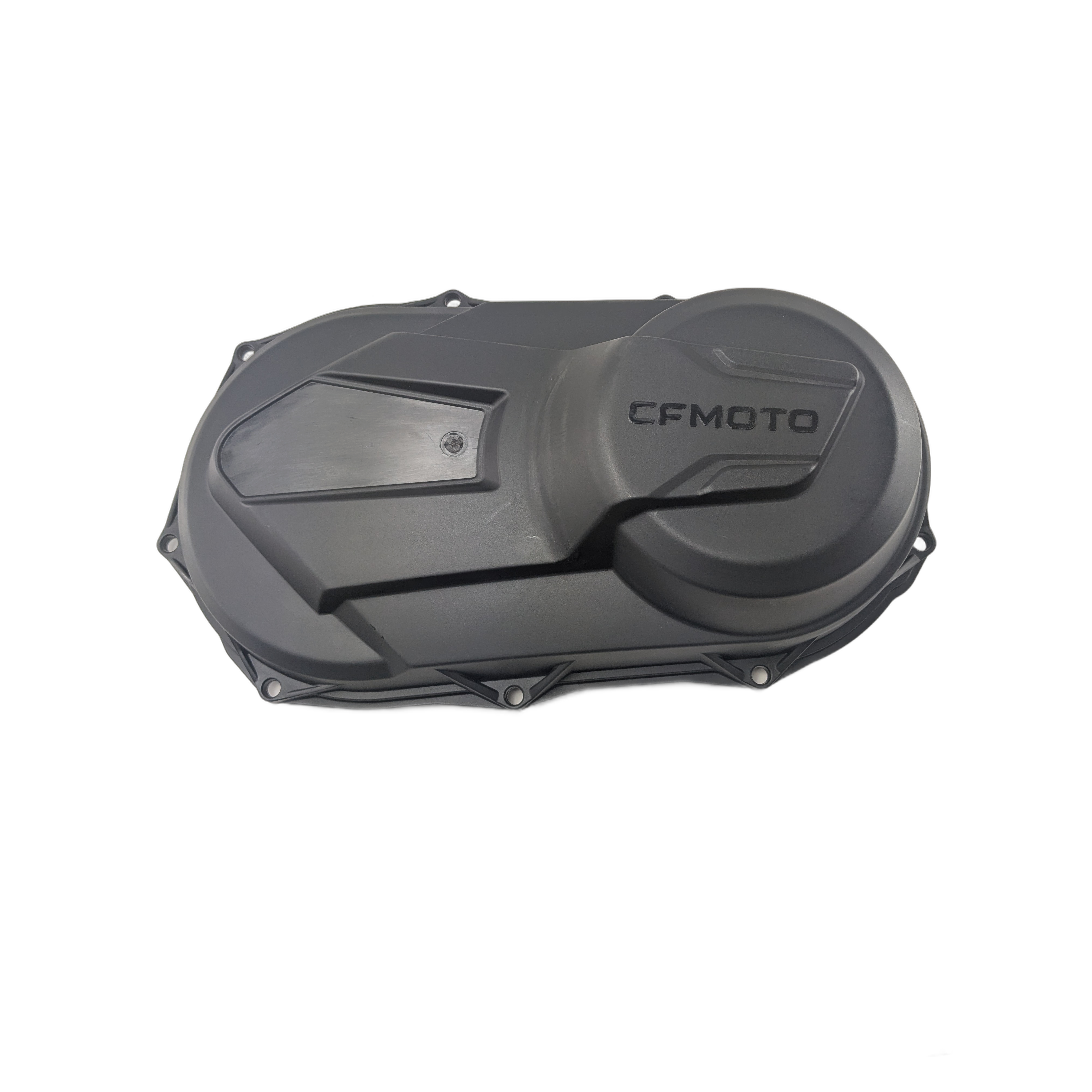 The Cvt Cover by CFMOTO is a black plastic engine cover with a textured surface, multiple screw holes for mounting, and the CFMOTO logo on the right—perfect for quality CFMOTO UTV or genuine ATV replacement parts.