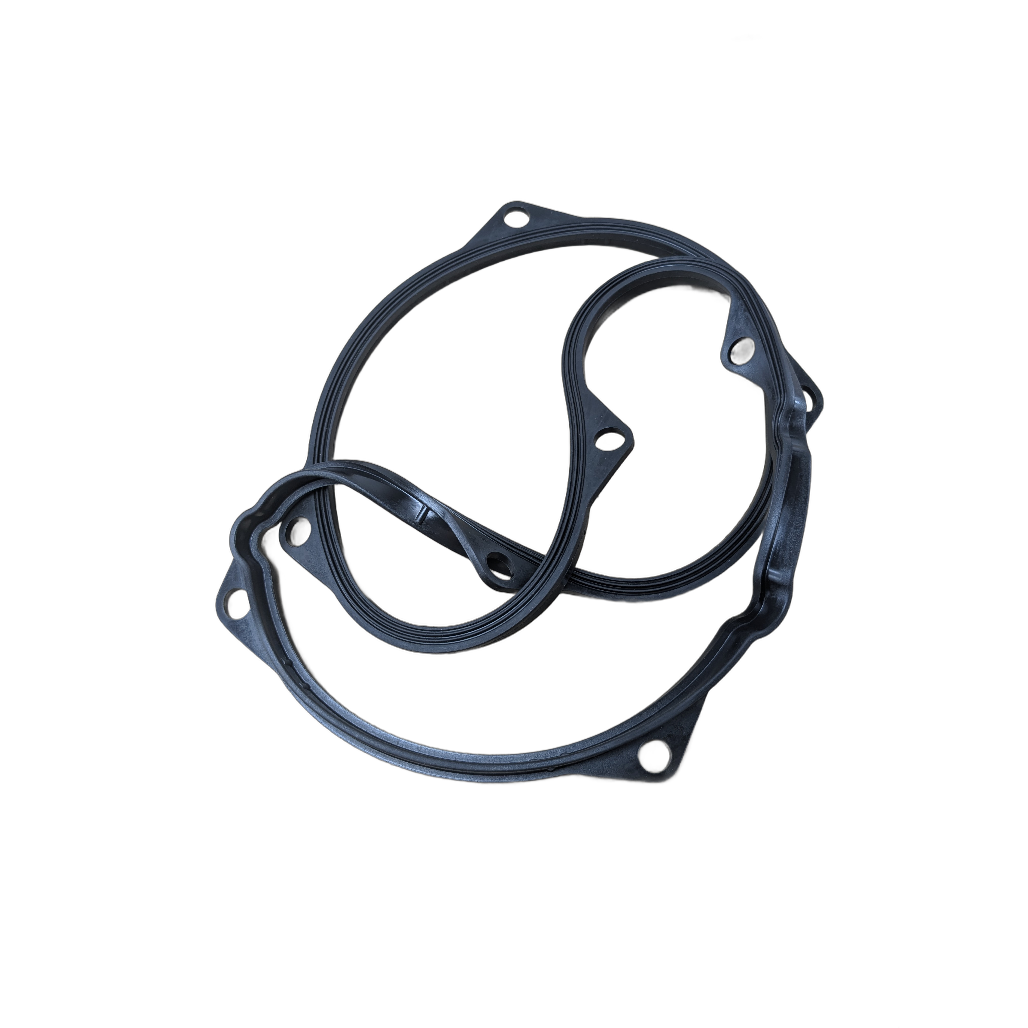 A black rubber CVT Cover Gasket by CFMOTO with several holes, arranged on a white background. It features an irregular, rounded shape and is coiled—perfect for CFMOTO UTVs or other off-road OEM uses.