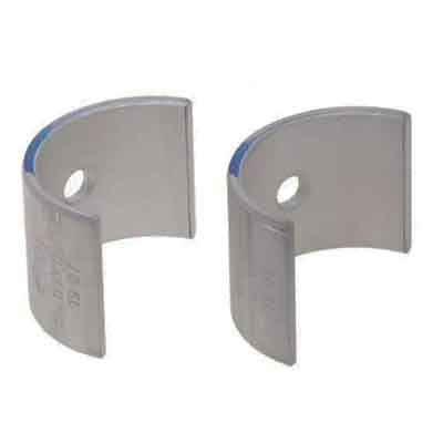 Pair of curved silver metal plain bearings with blue edges and central mounting holes.