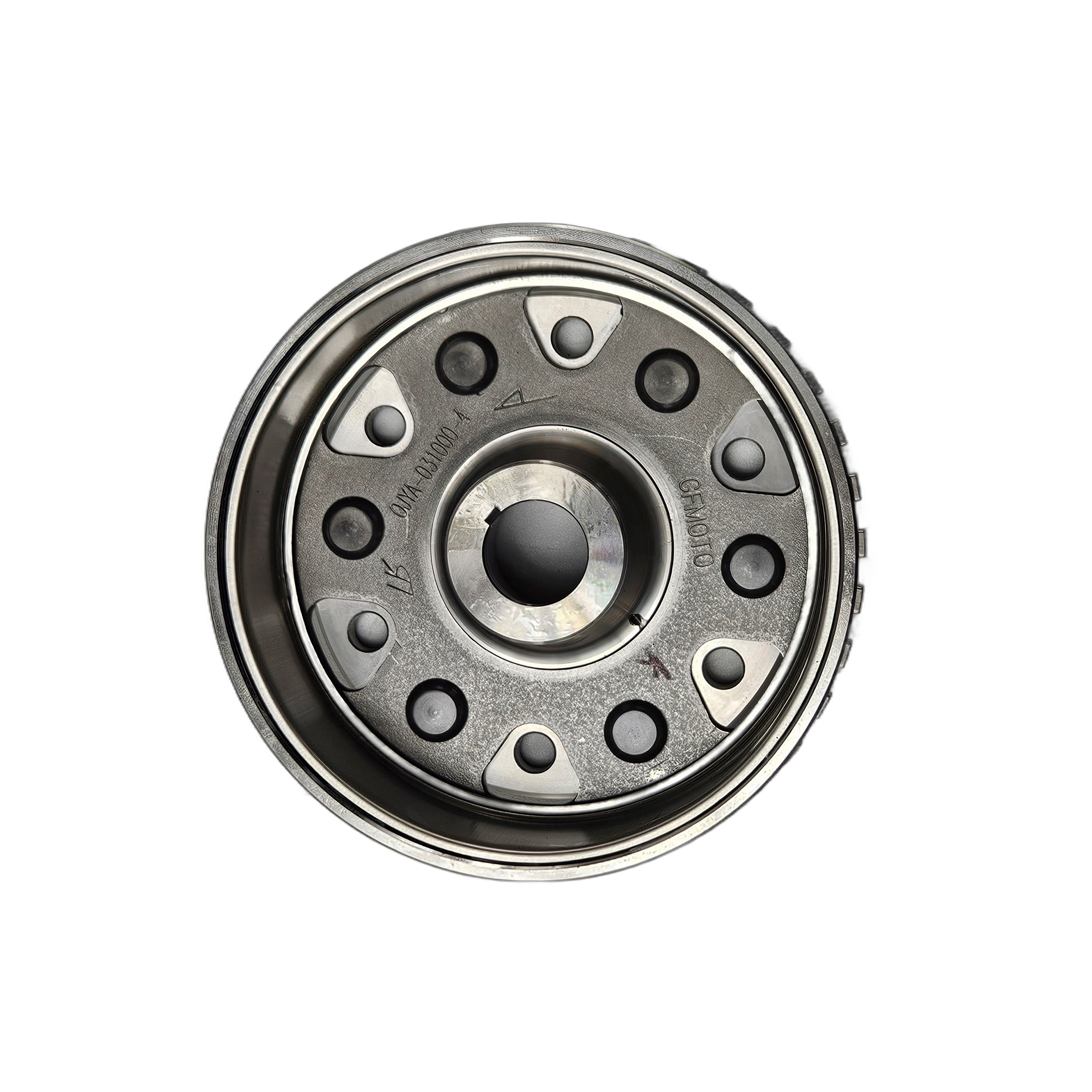 Round metal magneto rotor with central circular hole and eight black circular magnets evenly spaced around center.