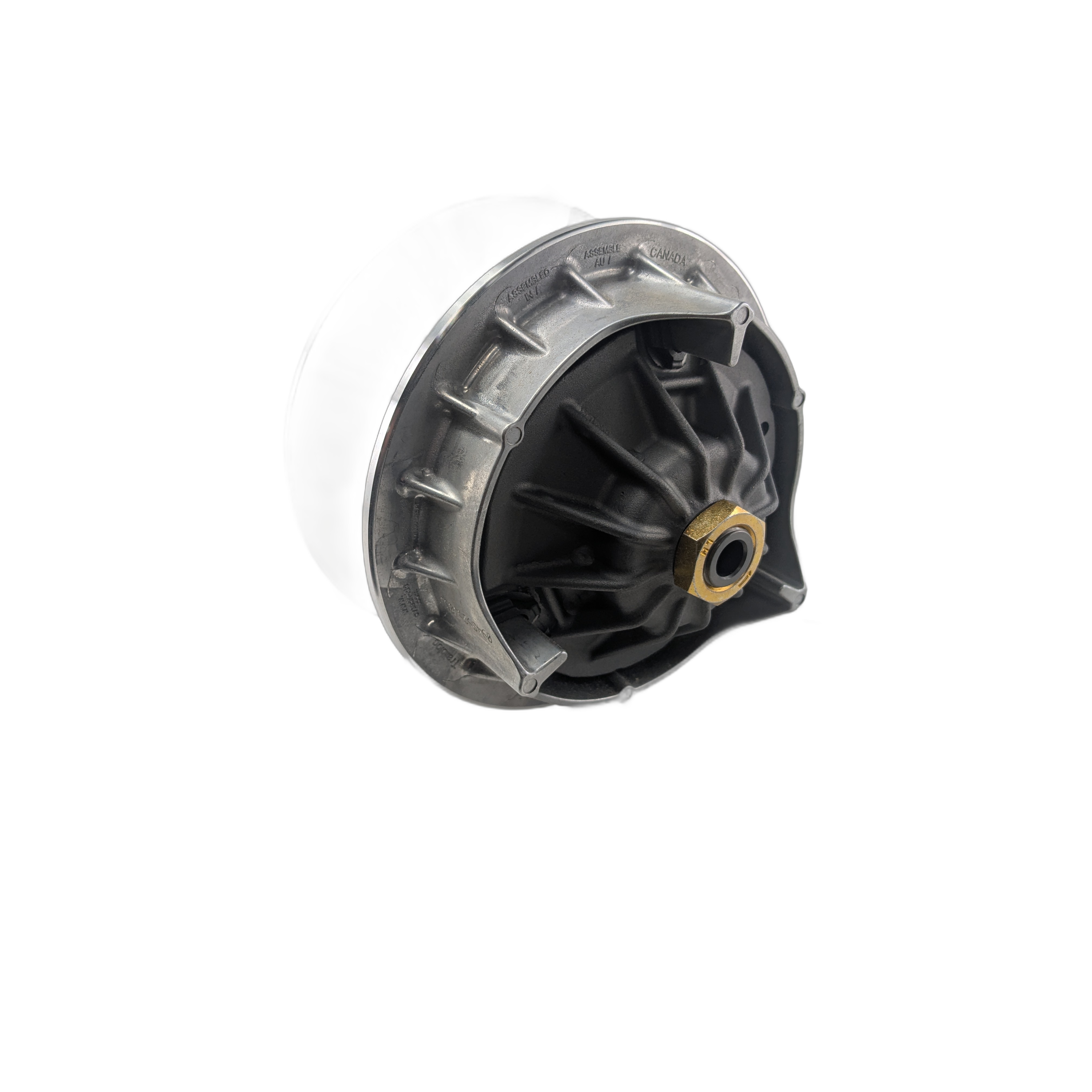 The Drive Clutch (Replaces 0Jya-051000-10003) by CFMOTO is a round metal part with a central brass nut and radial fins, designed for ATV off-road vehicles. This genuine OEM component is shown isolated on a white background.