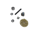 Beige plastic impeller, black metal shaft, two metal bearings, metal bolt, and round metal seal components for a water pump.