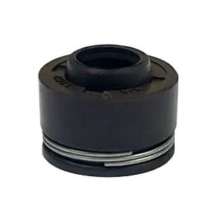 Black cylindrical valve oil seal with a metal spring ring and rubber construction.