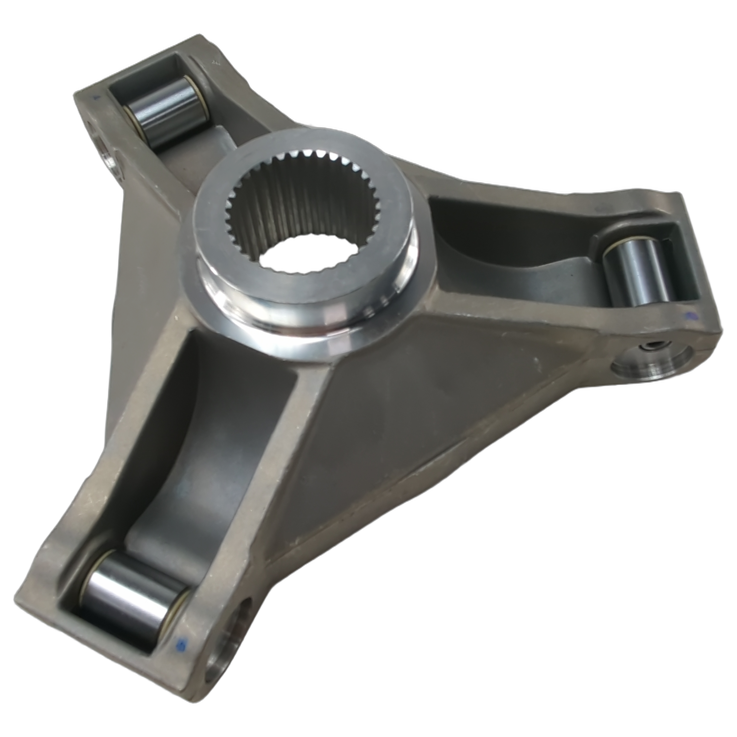Triangular metal drive thrust disc with central splined hole and cylindrical roller bearings on each corner.