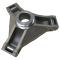 Triangular metal drive thrust disc with central splined hole and cylindrical roller bearings on each corner.
