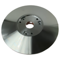 Polished metal driven moving sheave assembly with central bore and multiple mounting holes.