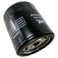 Black cylindrical metal oil filter with threaded center hole and white printed text on the side.