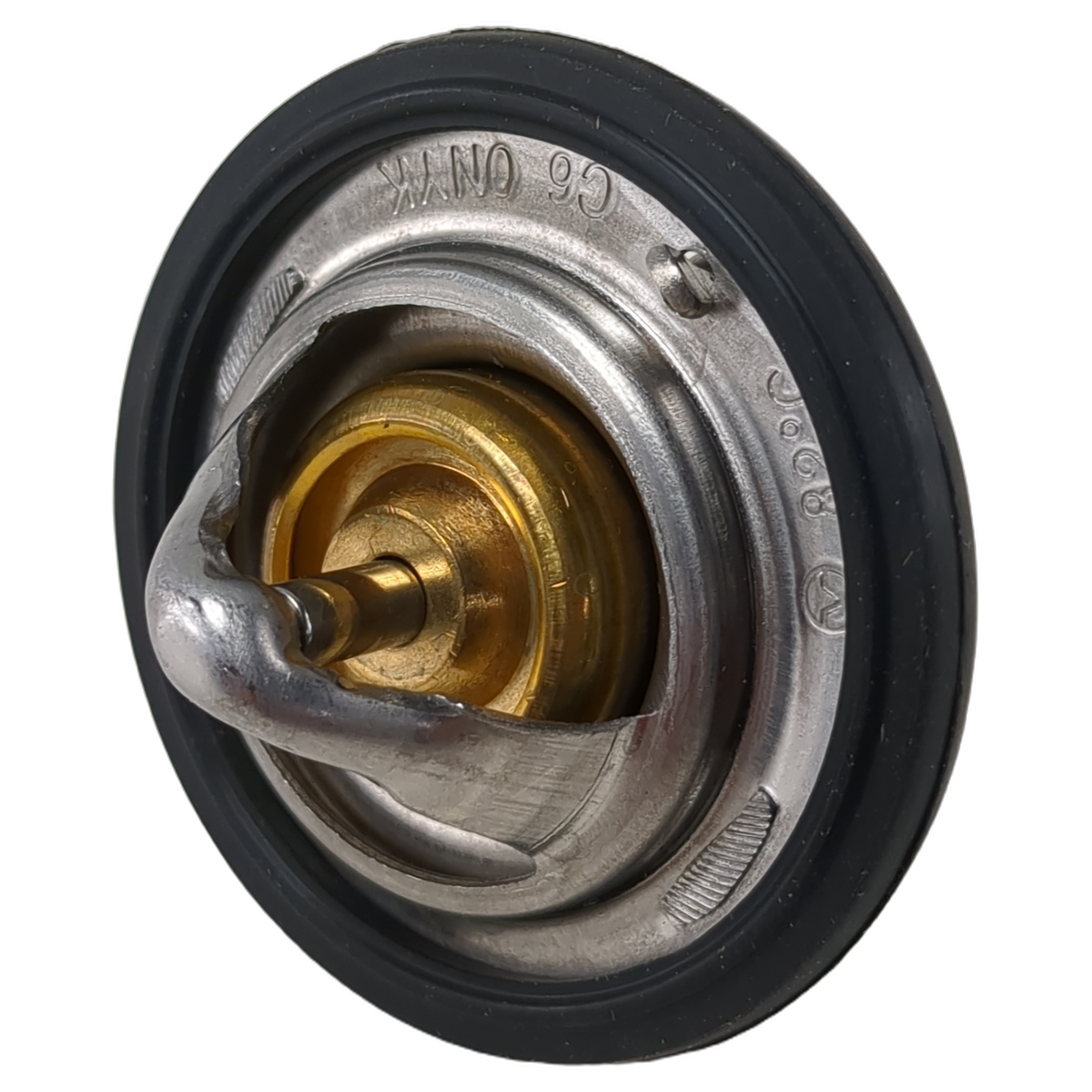 Round metal thermostat with brass center and rubber gasket seal designed for UTV cooling systems.