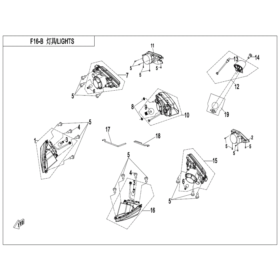 An Image of a genuine CFMOTO Parts Schematic Diagram showing the group - LIGHTS (USA) - 2022 CFMOTO CFORCE 500 S