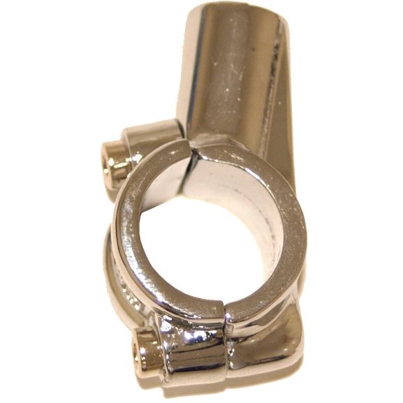 The Universal Mirror Mount 10Mm Chrome by EMGO is a metallic clamp with a circular opening and two screws, designed for 7/8 handlebars or 10mm stud mount mirrors, perfect for Yamaha mount applications.