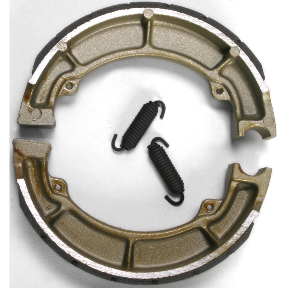 Pair of semi-circular metallic grooved brake shoes with black friction lining and two black tension springs.