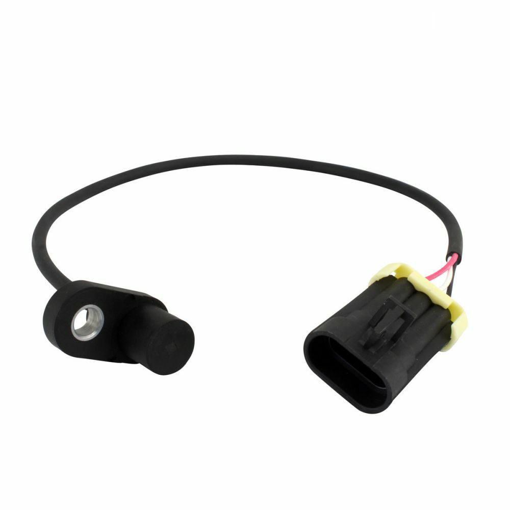 Black cylindrical sensor with attached black wire and black electrical connector featuring a yellow locking clip.