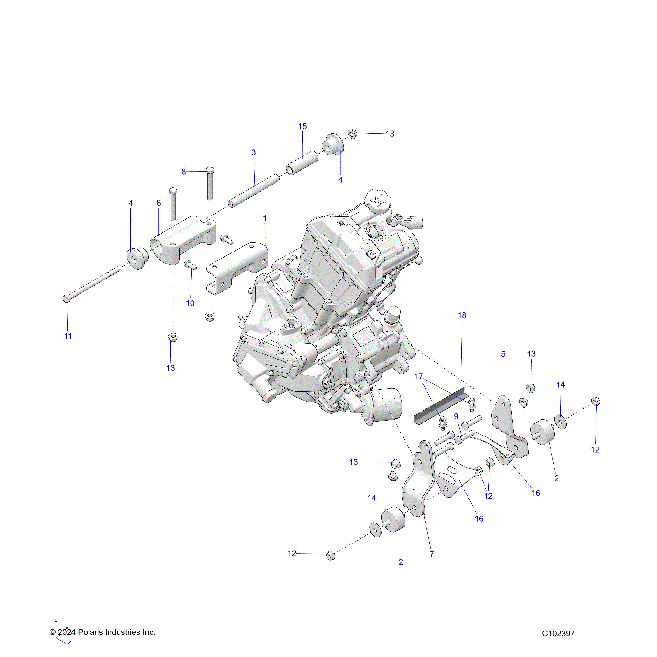 An Image of a Genuine Polaris Parts Schematic Diagram showing the schematic - ENGINE: MOUNTING & LONG BLOCK - 2026 POLARIS SPORTSMAN 450 50S