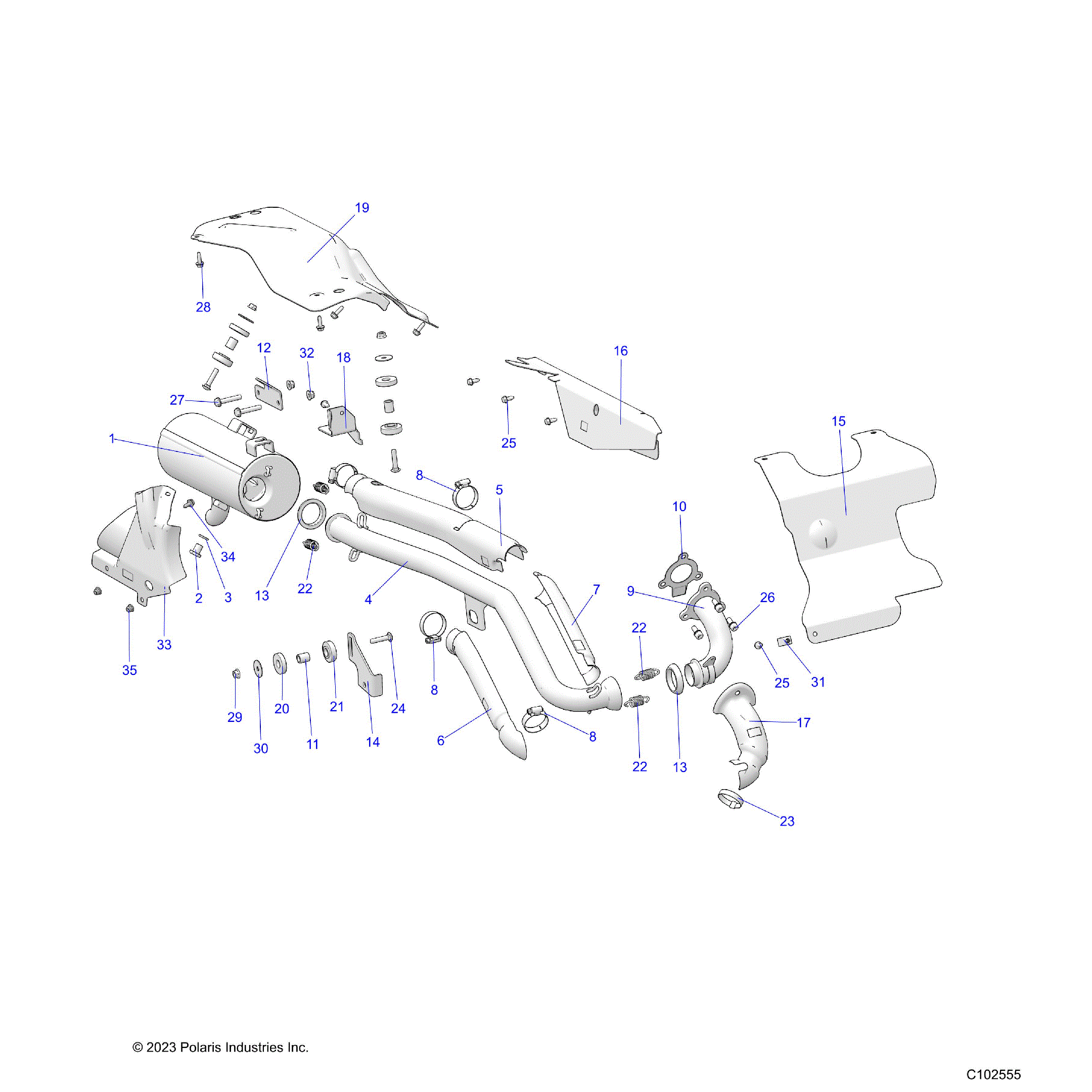 An Image of a Genuine Polaris Parts Schematic Diagram showing the schematic - ENGINE: EXHAUST - 2024 POLARIS SPORTSMAN 450 HO EPS 50S
