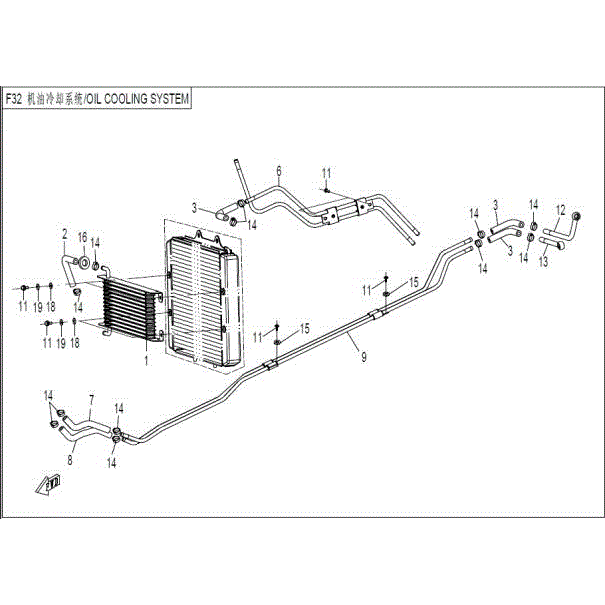 An Image of a Genuine CFMOTO Parts Schematic Diagram showing the schematic - OIL COOLING SYSTEM - 2015 CFMOTO ZFORCE 600