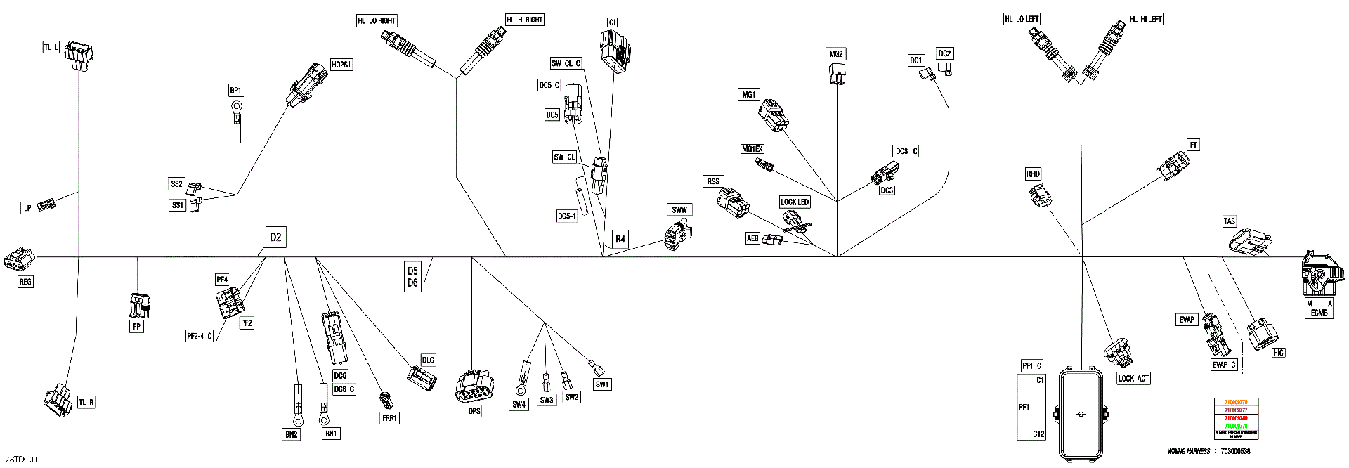 An Image of a Genuine Can-Am Parts Schematic Diagram showing the schematic - ELECTRIC - MAIN HARNESS - 710009778