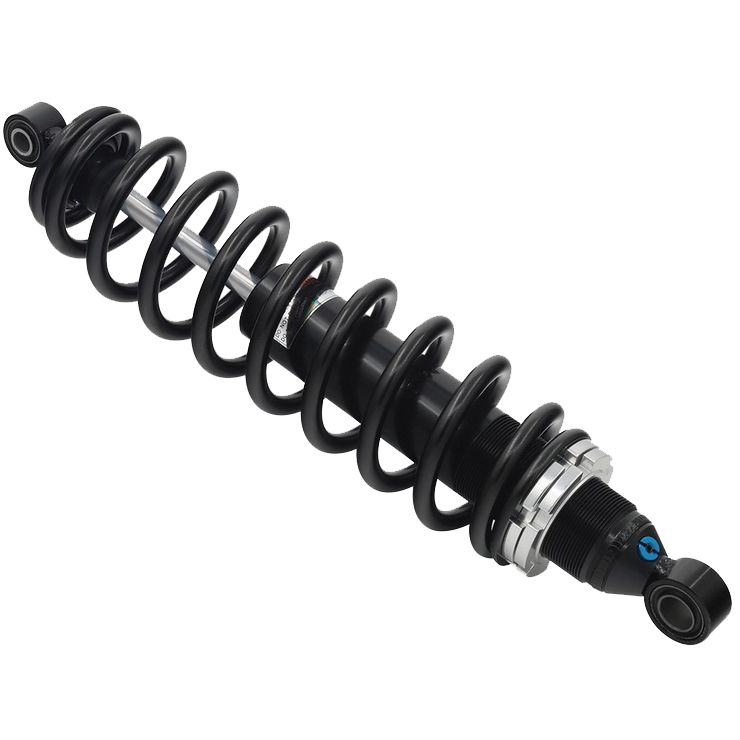 The Can-Am Defender UTV/ATV Front Gas Shock by Bronco is a black coil spring shock absorber with metal ends, designed for suspension systems and featuring mounting points similar to those in Bronco shock absorbers.