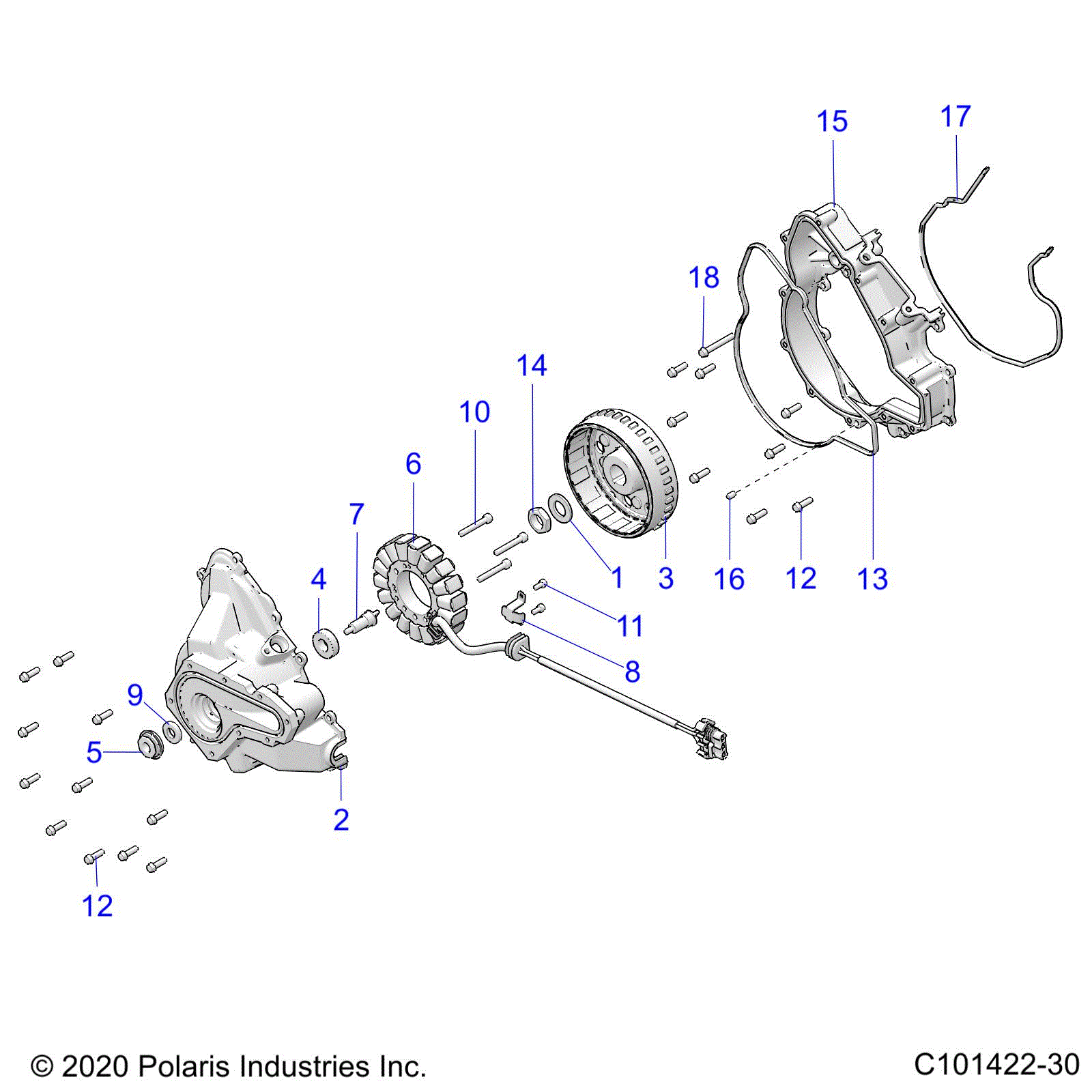 An Image of a Genuine Polaris Parts Schematic Diagram showing the schematic - ENGINE: STATOR COVER and FLYWHEEL - 2020 POLARIS SPORTSMAN 570 X2