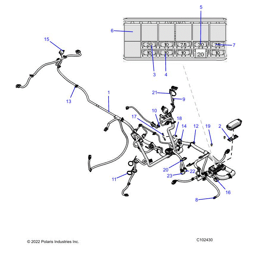 An Image of a Genuine Polaris Parts Schematic Diagram showing the schematic - ELECTRICAL: HARNESS - 2025 POLARIS SPORTSMAN 850 EPS 48"