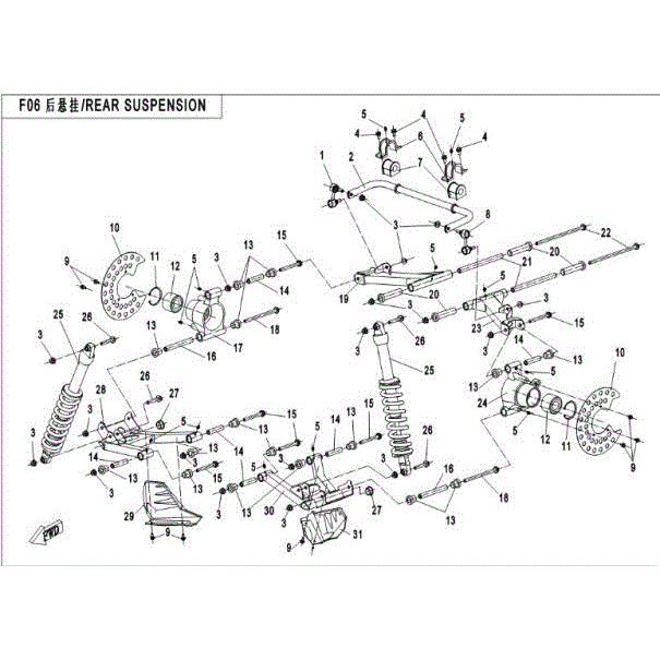 An Image of a Genuine CFMOTO Parts Schematic Diagram showing the schematic - REAR SUSPENSION - 2016 CFMOTO ZFORCE 500