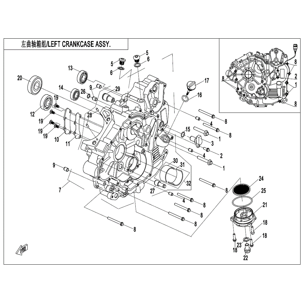 An Image of a genuine CFMOTO Parts Schematic Diagram showing the group - LEFT CRANKCASE ASSY. - 2022 CFMOTO CFORCE 600 Touring
