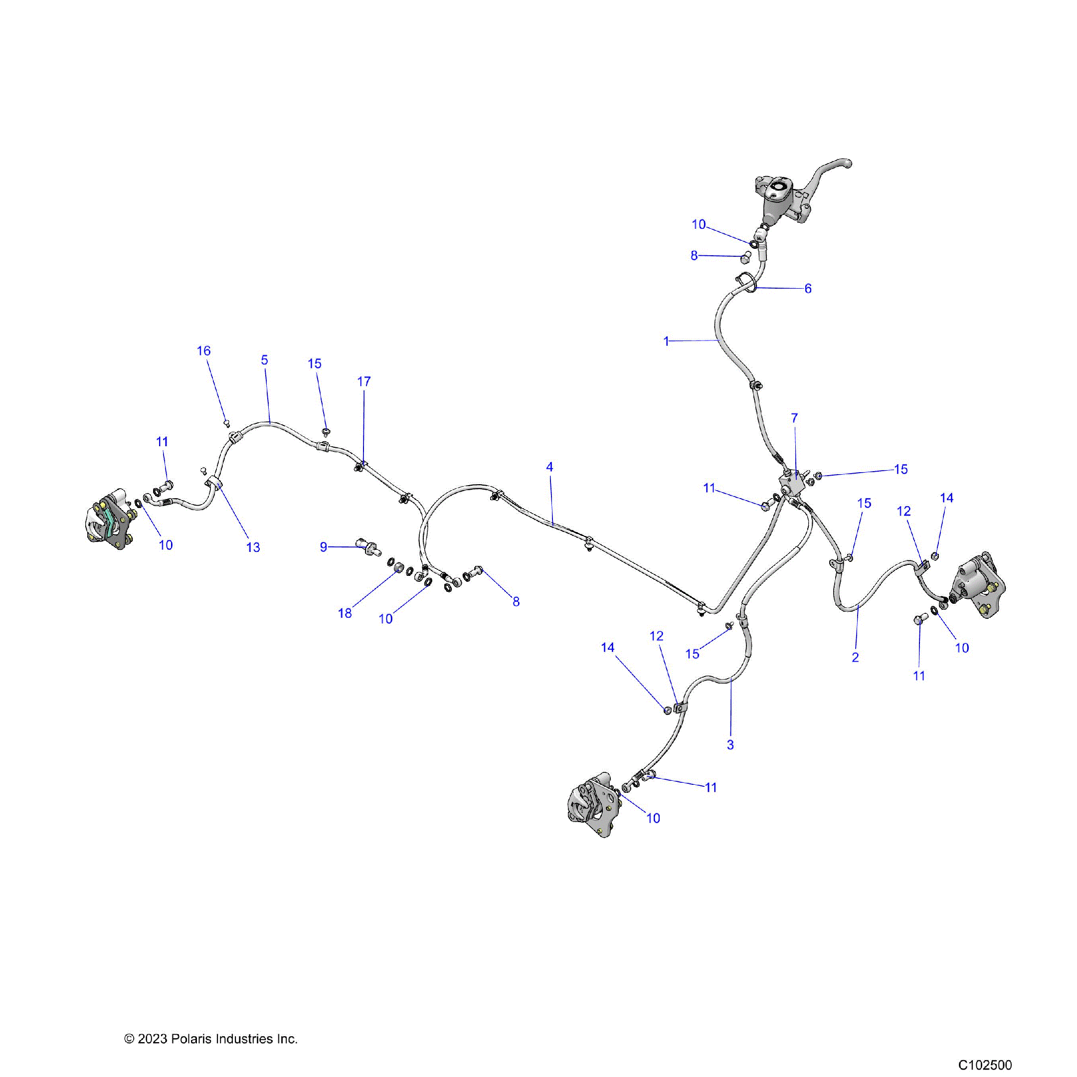 An Image of a Genuine Polaris Parts Schematic Diagram showing the schematic - BRAKES: BRAKE LINES - 2024 POLARIS SPORTSMAN 570 HUNTER EDITION