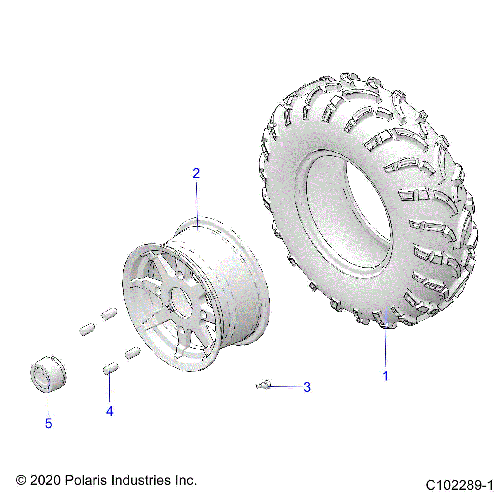 An Image of a Genuine Polaris Parts Schematic Diagram showing the schematic - WHEELS: FRONT TIRE - 2021 POLARIS SPORTSMAN 570 TRAIL