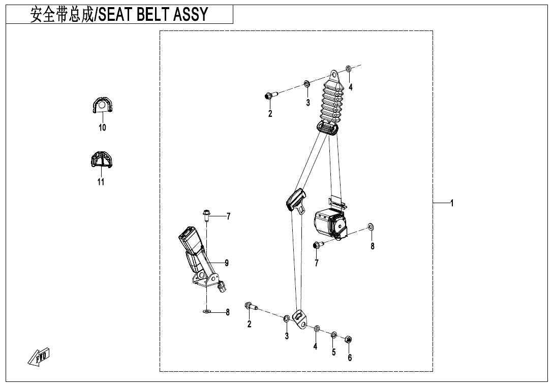 Black-and-white technical diagram labeled SEAT BELT OUTER COVER by CF Moto, showing numbered parts of an ATV seat belt assembly—including belt, buckle, retractor, and anchors; available at Witchdoctors.com as a CFmoto OEM part.