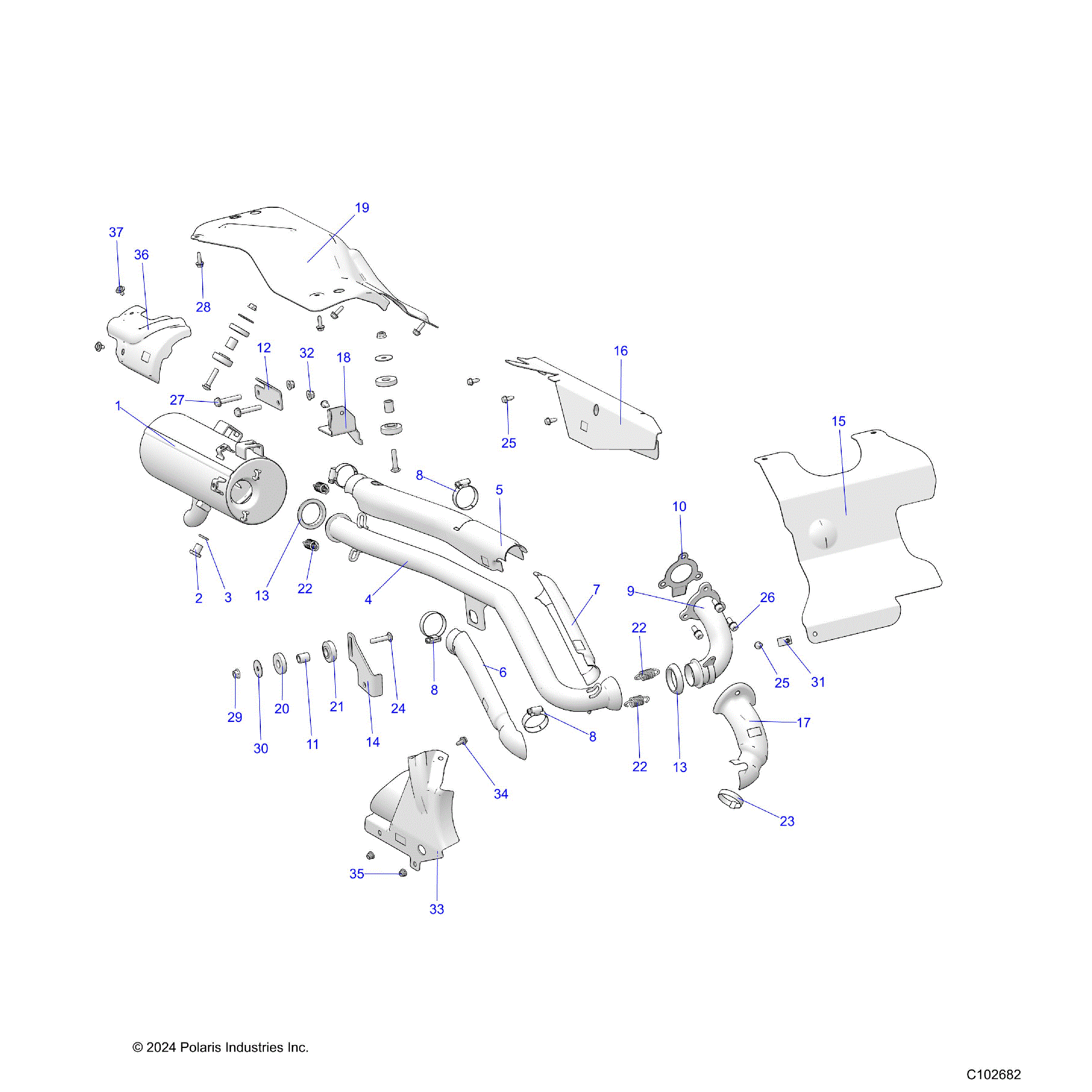 An Image of a Genuine Polaris Parts Schematic Diagram showing the schematic - ENGINE: EXHAUST - 2025 POLARIS SPORTSMAN 450 HO UTILITY 50S