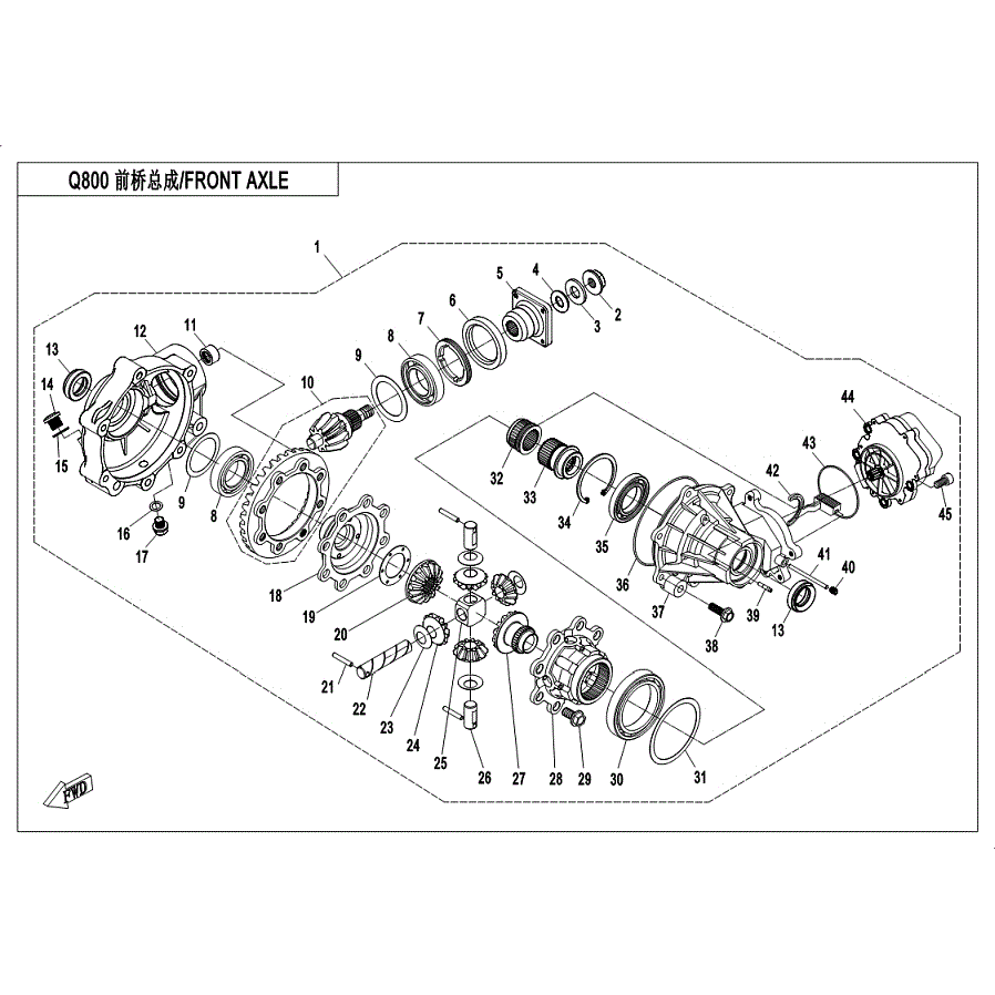 An Image of a genuine CFMOTO Parts Schematic Diagram showing the group - FRONT AXLE (WITH 4 CENTER GEARS) - 2019 CFMOTO CFORCE 600
