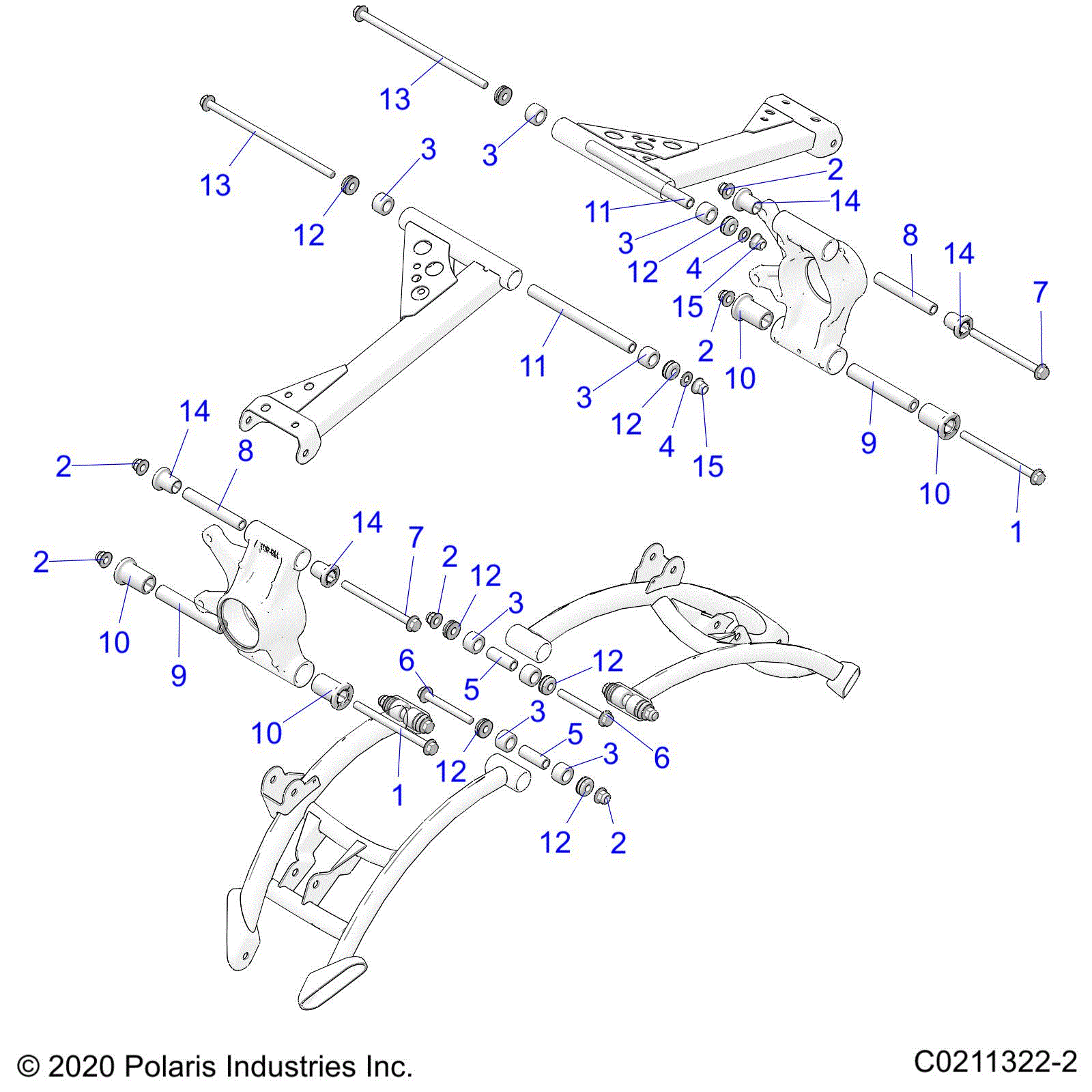 An Image of a Genuine Polaris Parts Schematic Diagram showing the schematic - SUSPENSION: REAR CONTROL ARM MOUNTING - 2021 POLARIS SPORTSMAN XP 1000 HUNTER EDITION