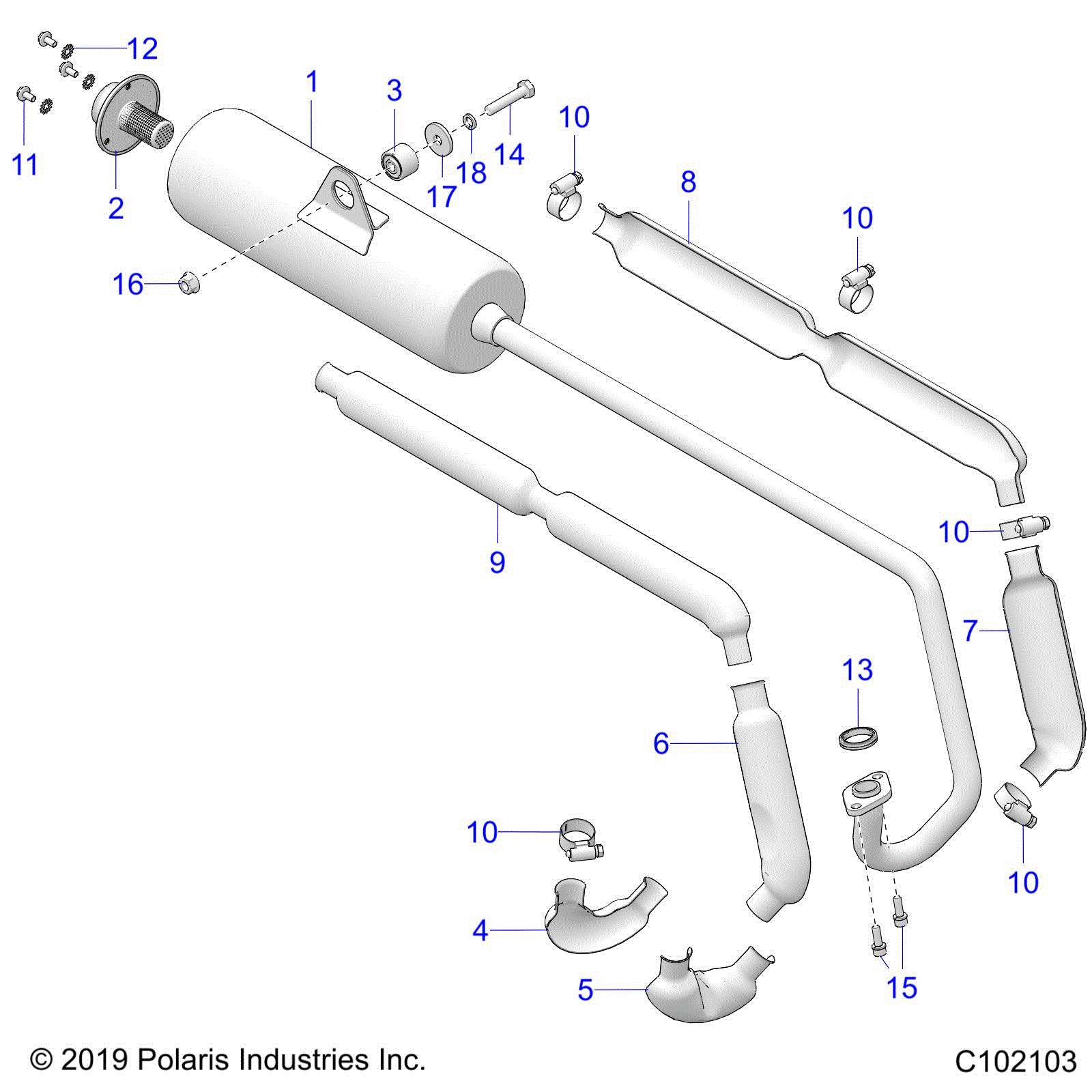 An Image of a Genuine Polaris Parts Schematic Diagram showing the schematic - ENGINE: EXHAUST - 2021 POLARIS OUTLAW 70