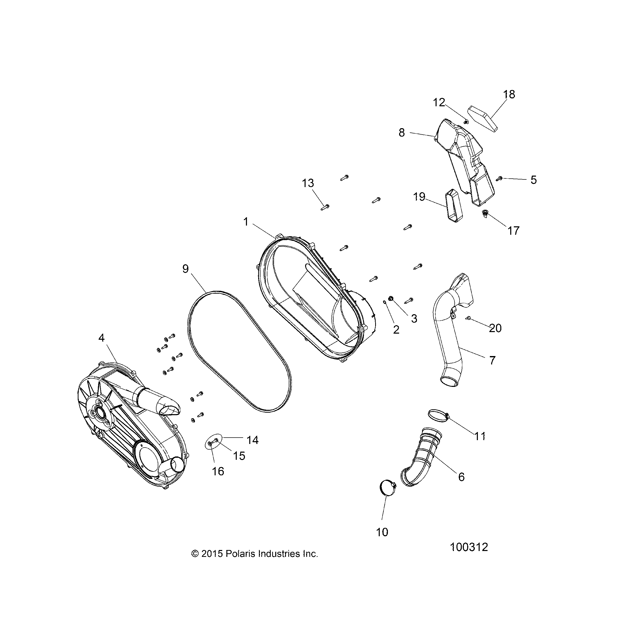 An Image of a Genuine Polaris Parts Schematic Diagram showing the schematic - DRIVE TRAIN: CLUTCH COVER AND DUCTING - 2016 POLARIS ACE 325 EFI
