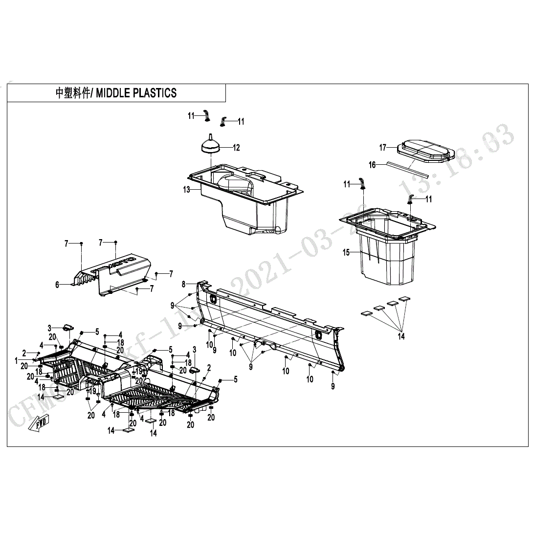 An Image of a Genuine CFMOTO Parts Schematic Diagram showing the schematic - MIDDLE PLASTICS - 2023 CFMOTO UFORCE 600