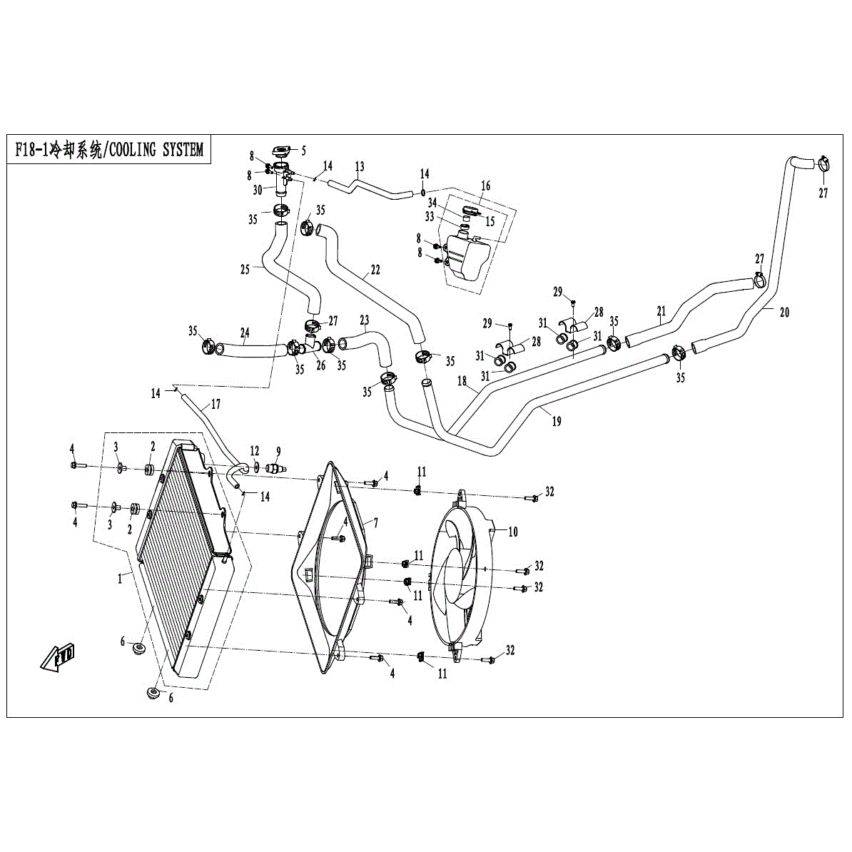 An Image of a Genuine CFMOTO Parts Schematic Diagram showing the schematic - COOLING SYSTEM - 2017 CFMOTO ZFORCE 800 EX