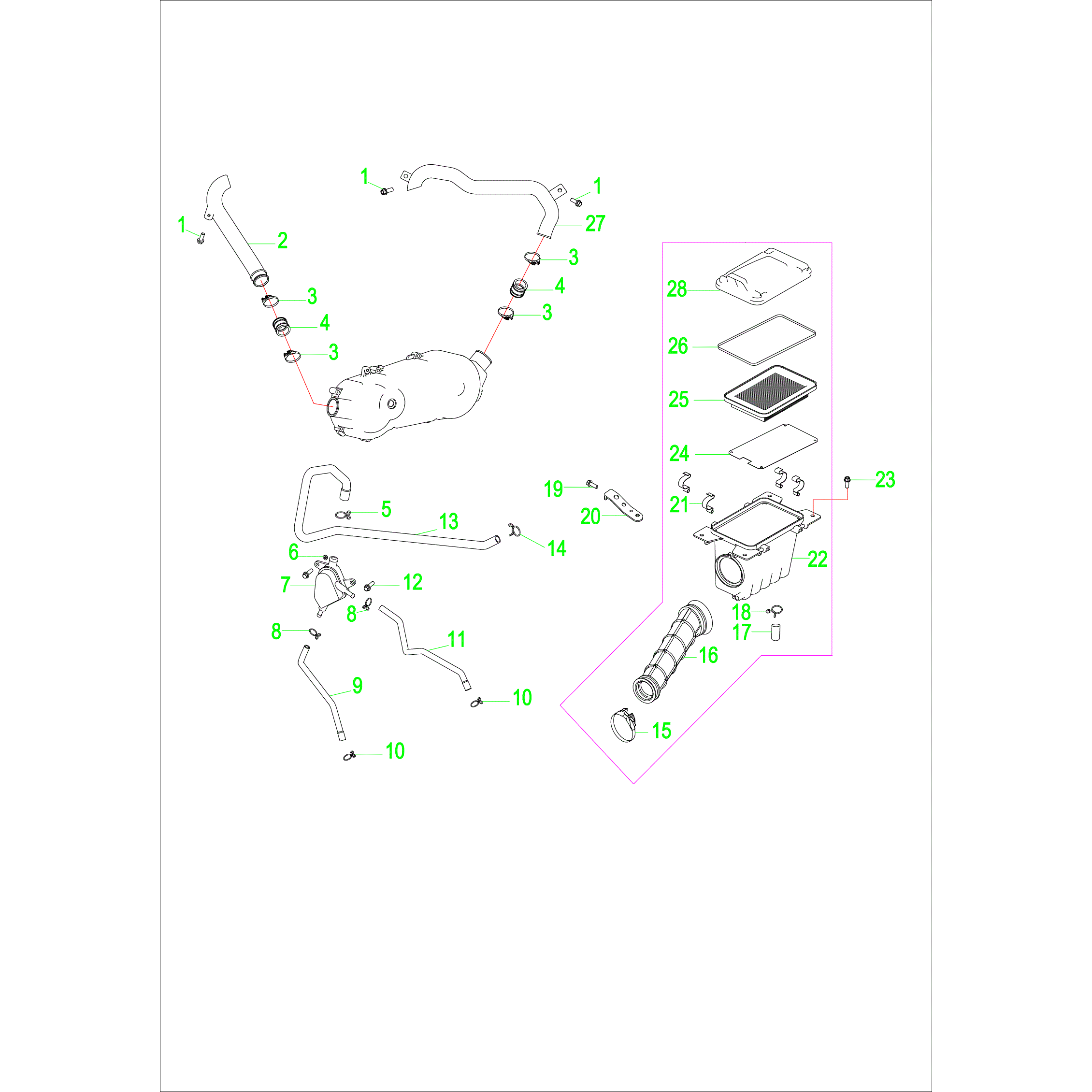 An Image of a Genuine Polaris Parts Schematic Diagram showing the schematic - ENGINE: AIR INTAKE SYSTEM - 2016 POLARIS SPORTSMAN 90