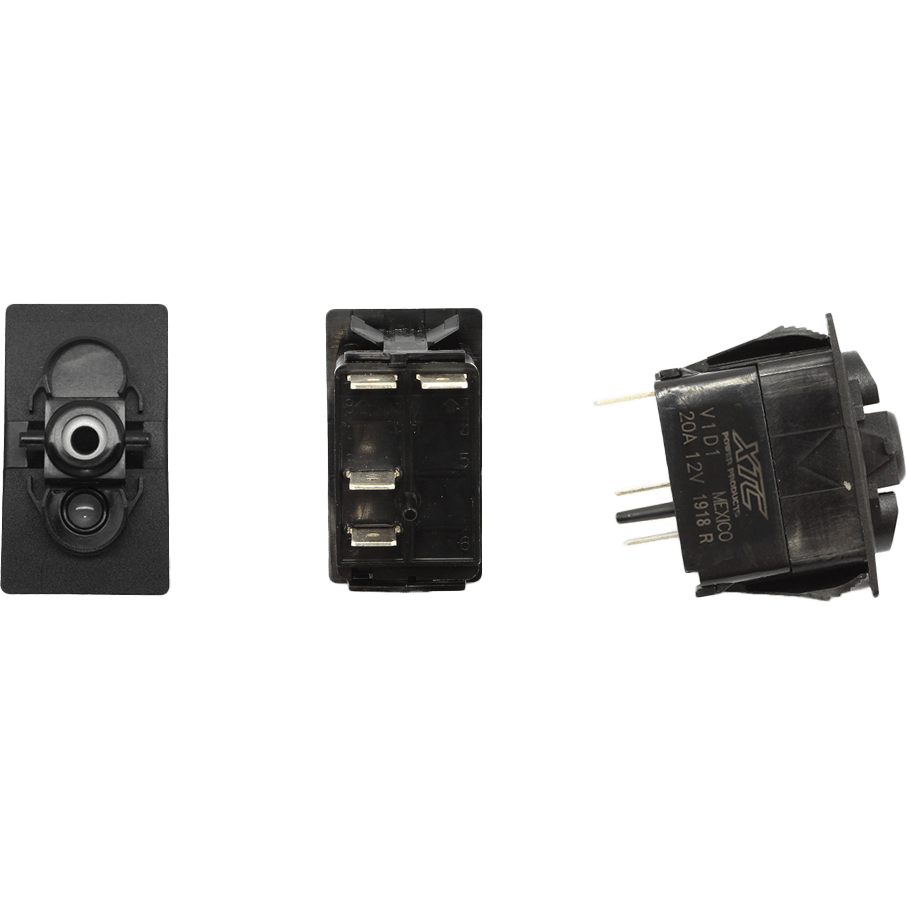 Three views of the Dash Switch Body Momentary Blue Bottom by XTC Power: front shows button, bottom displays six metal terminals, side reveals product markings and metal pins. Compatible with UTV Wiring Solutions and Carling V-Series.