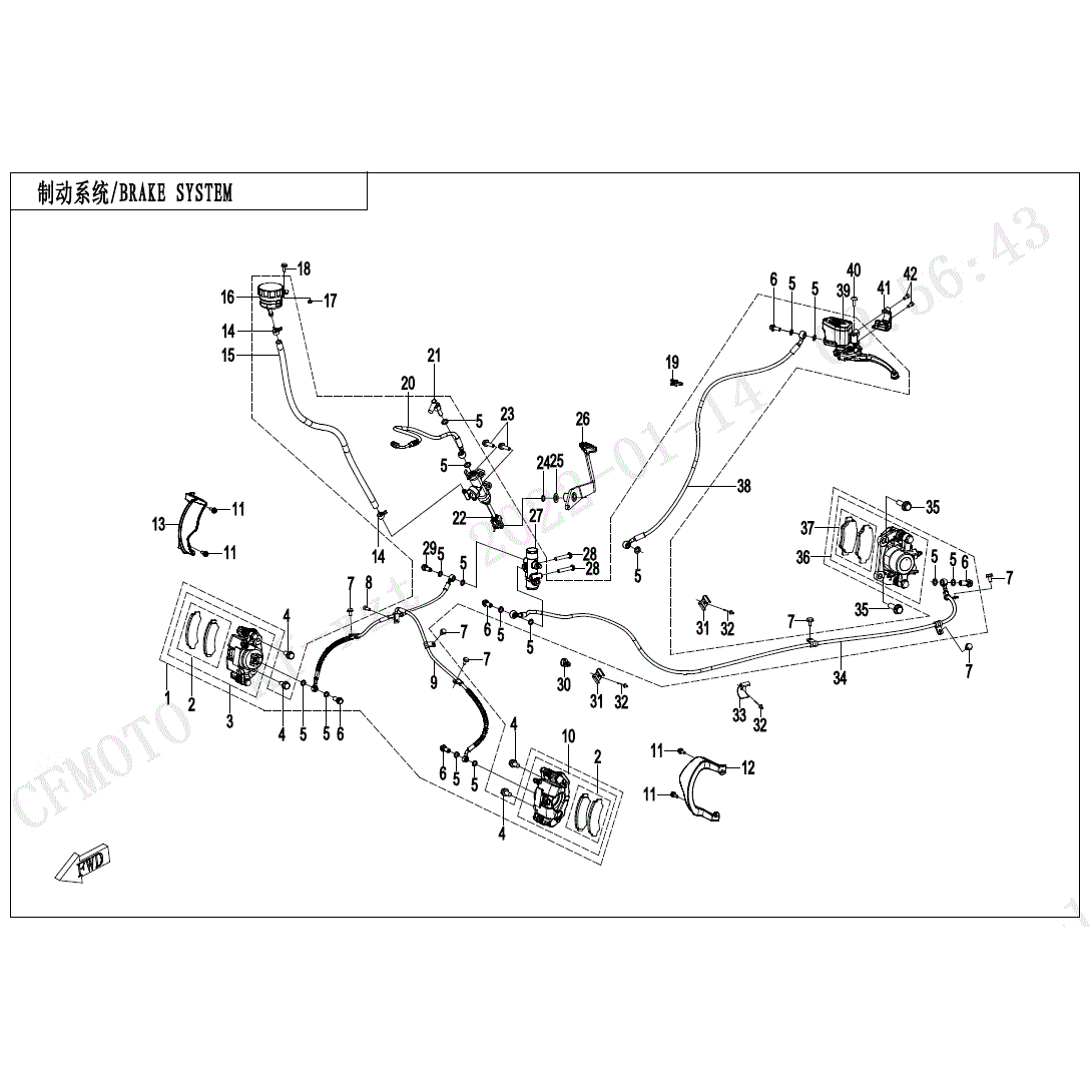 An Image of a genuine CFMOTO Parts Schematic Diagram showing the group - BRAKE SYSTEM - 2025 CFMOTO CFORCE 400