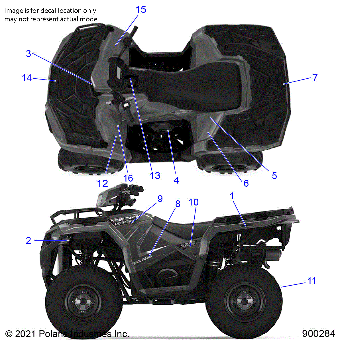 An Image of a Genuine Polaris Parts Schematic Diagram showing the schematic - BODY: DECALS - 2021 POLARIS SPORTSMAN 570