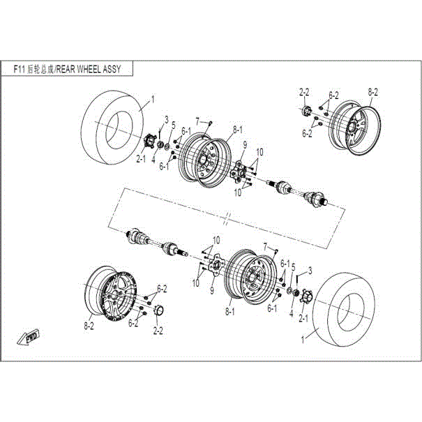 An Image of a genuine CFMOTO Parts Schematic Diagram showing the group - REAR WHEEL ASSY - 2015 CFMOTO CFORCE 500 SWB