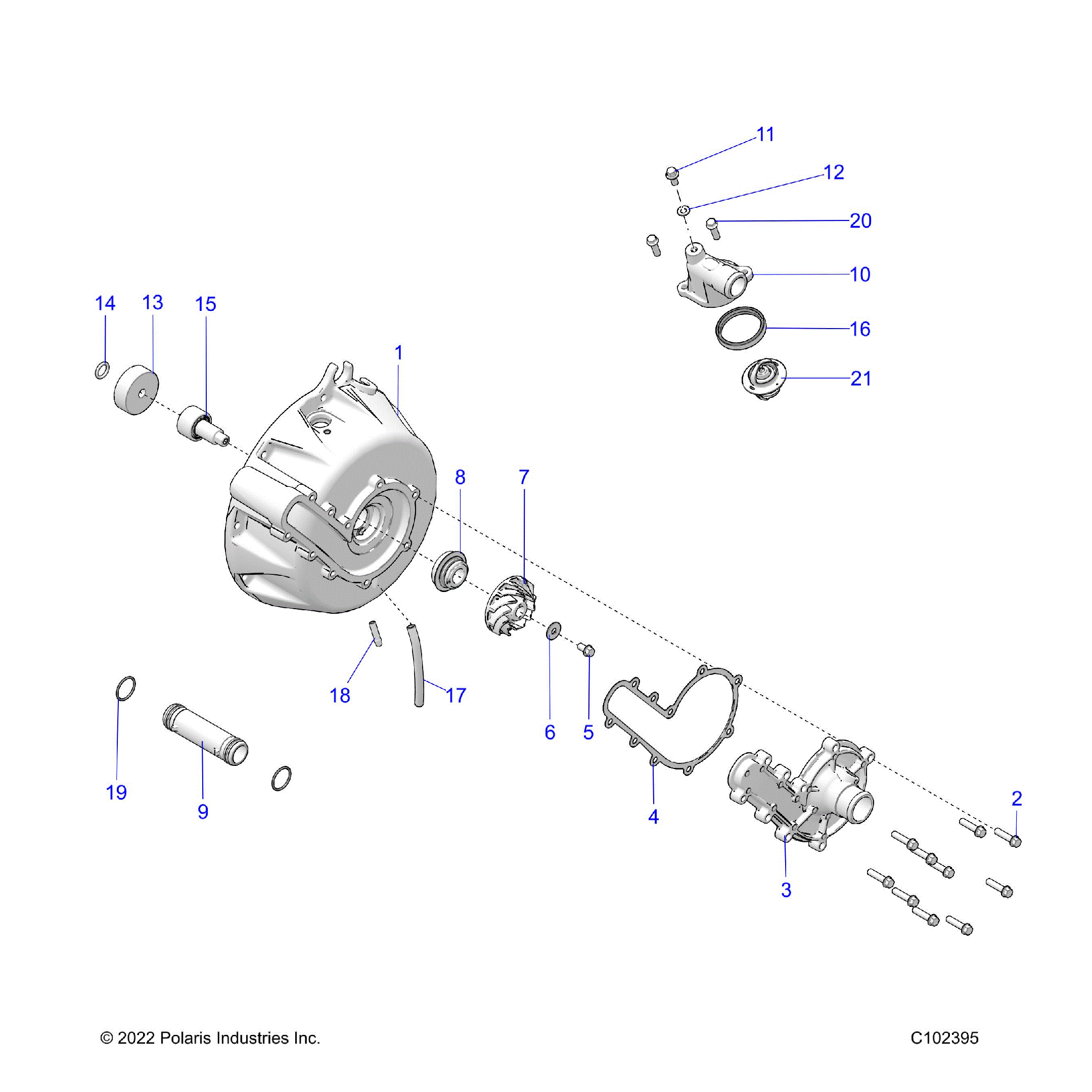 An Image of a Genuine Polaris Parts Schematic Diagram showing the schematic - ENGINE: COOLING SYSTEM and WATER PUMP - 2023 POLARIS SPORTSMAN TOURING 850 48"