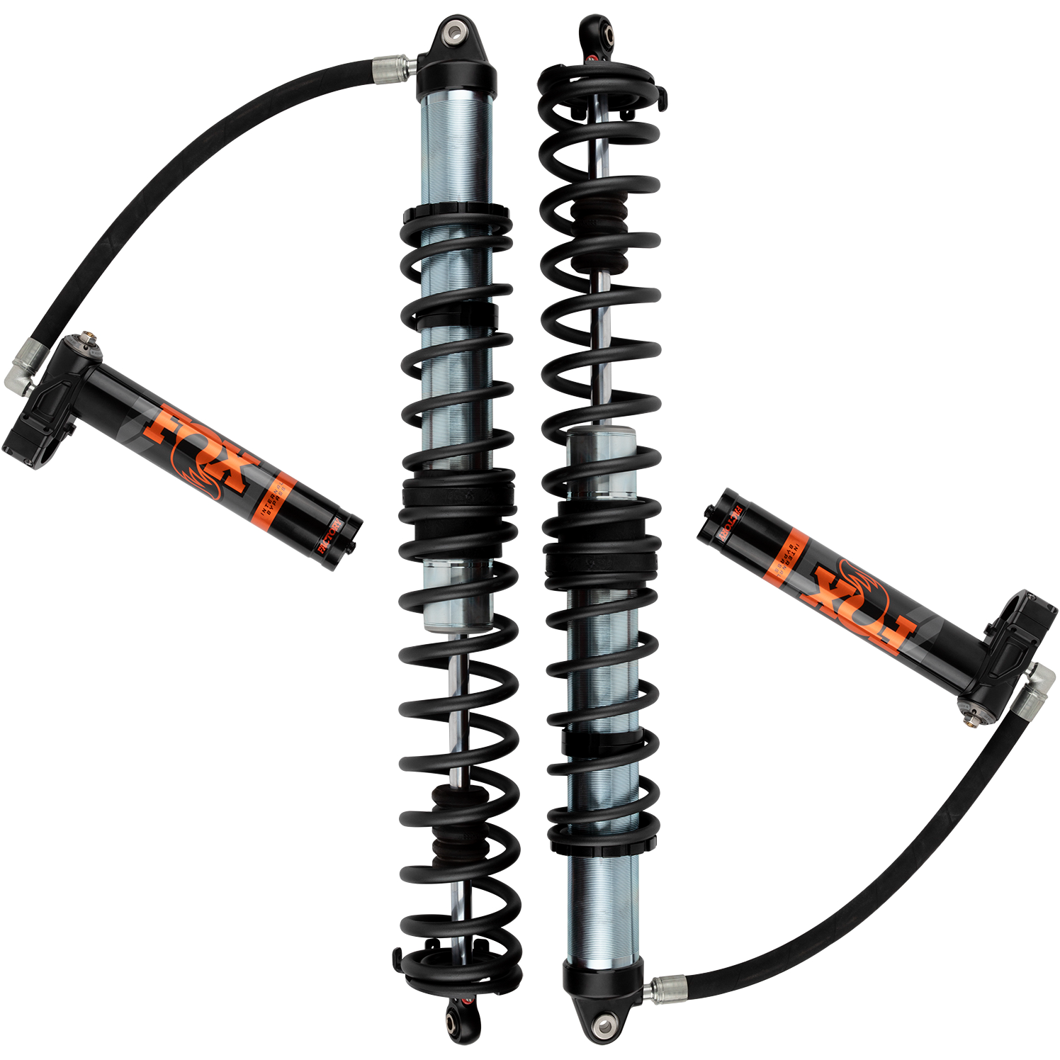 Two black and silver Can-Am Maverick X3 (2 Seat) Rear 3.0 Internal Bypass Shocks by Fox, with coiled springs, attached remote reservoirs, and hoses, are arranged at angles on a white background.