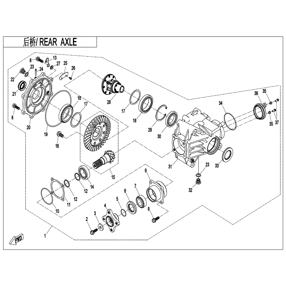 An Image of a genuine CFMOTO Parts Schematic Diagram showing the group - REAR AXLE (NA) - 2022 CFMOTO CFORCE 600