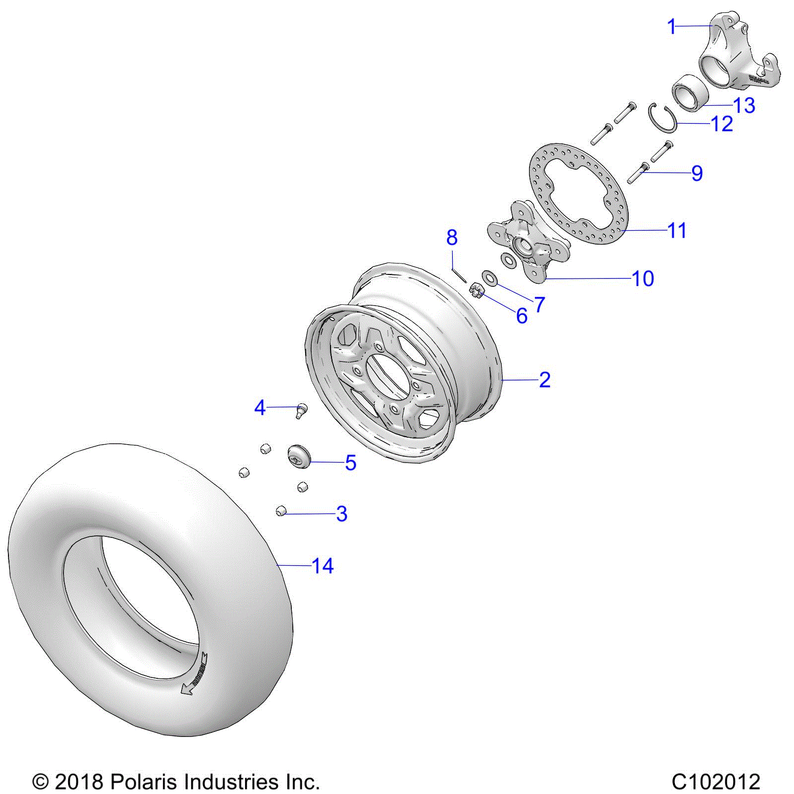 An Image of a Genuine Polaris Parts Schematic Diagram showing the schematic - WHEELS: FRONT and HUB - 2020 POLARIS SPORTSMAN 850 / LE 48"