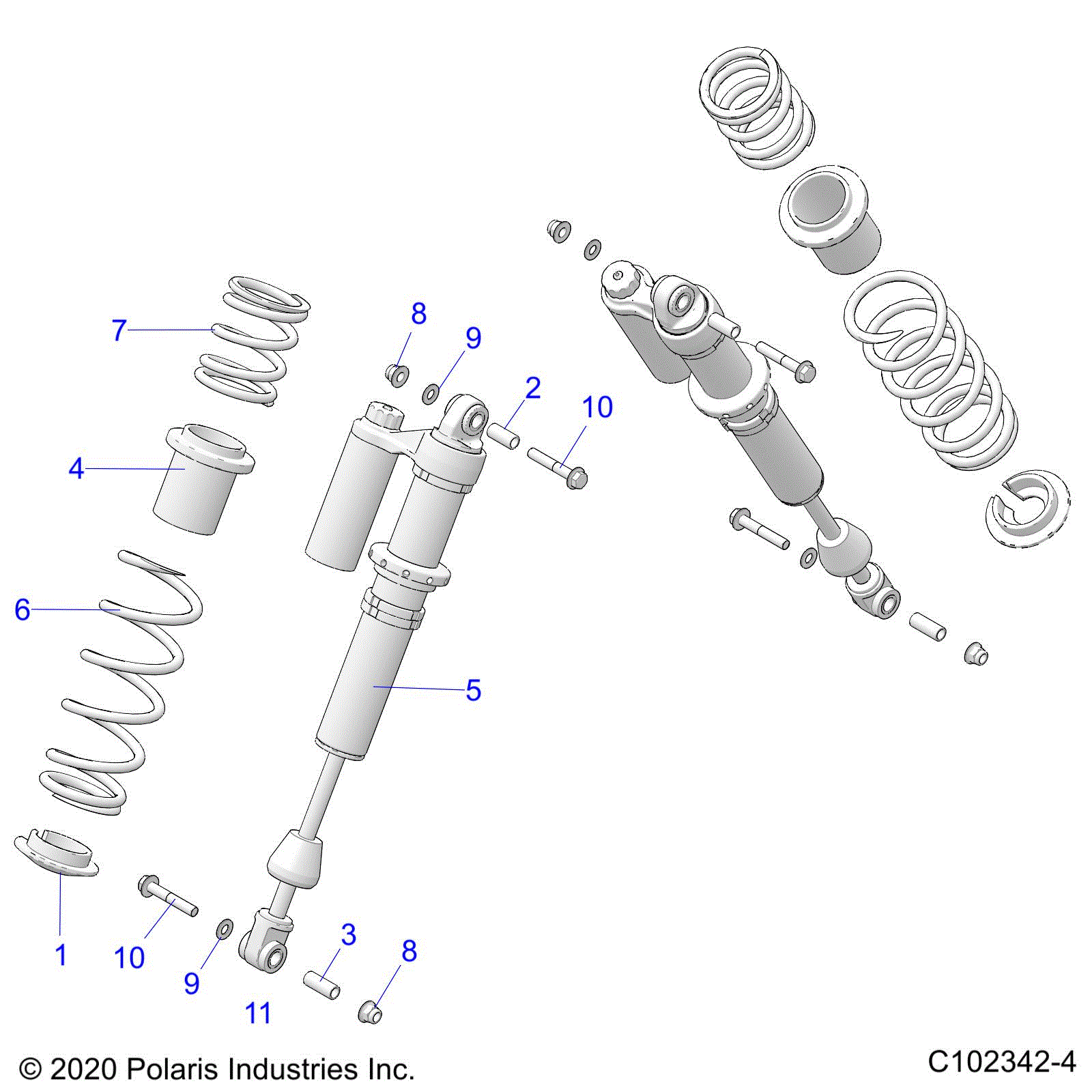 An Image of a Genuine Polaris Parts Schematic Diagram showing the schematic - SUSPENSION: SHOCK REAR - 2021 POLARIS SPORTSMAN XP 1000 S 55"
