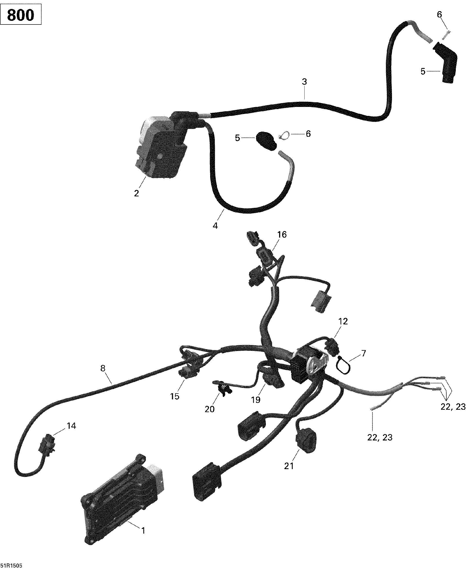 An Image of a Genuine Can-Am Parts Schematic Diagram showing the schematic - ENGINE HARNESS AND ELECTRONIC MODULE RENEGADE_51R1505